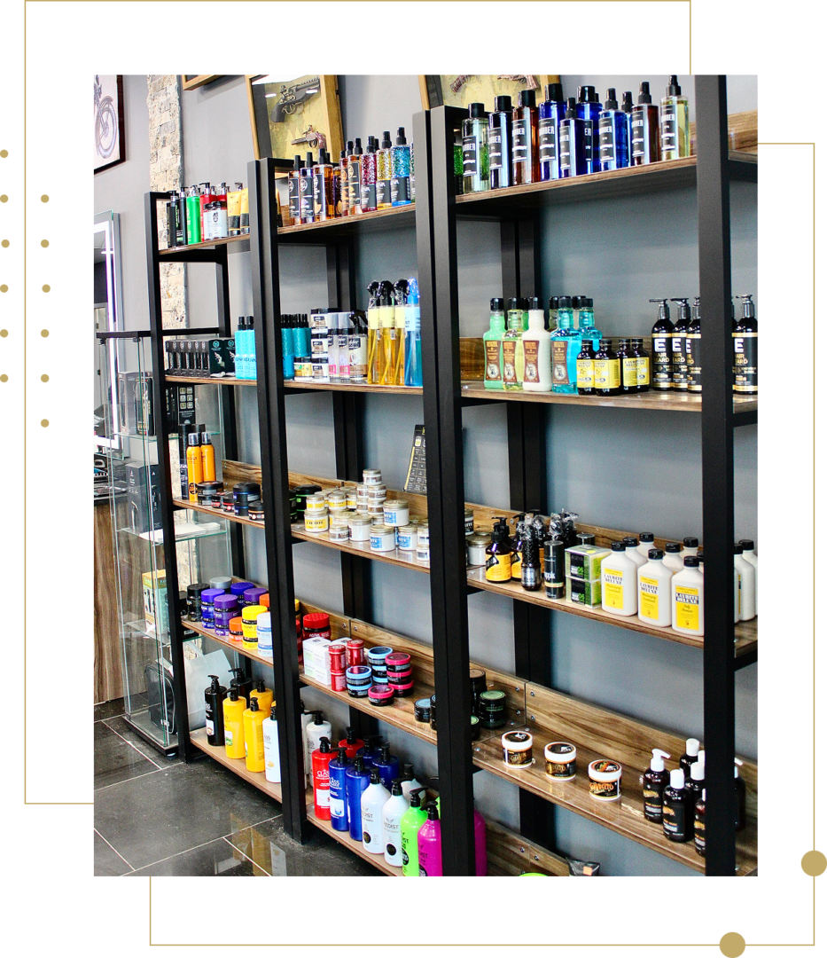 Salon shelves stocked with haircare items
